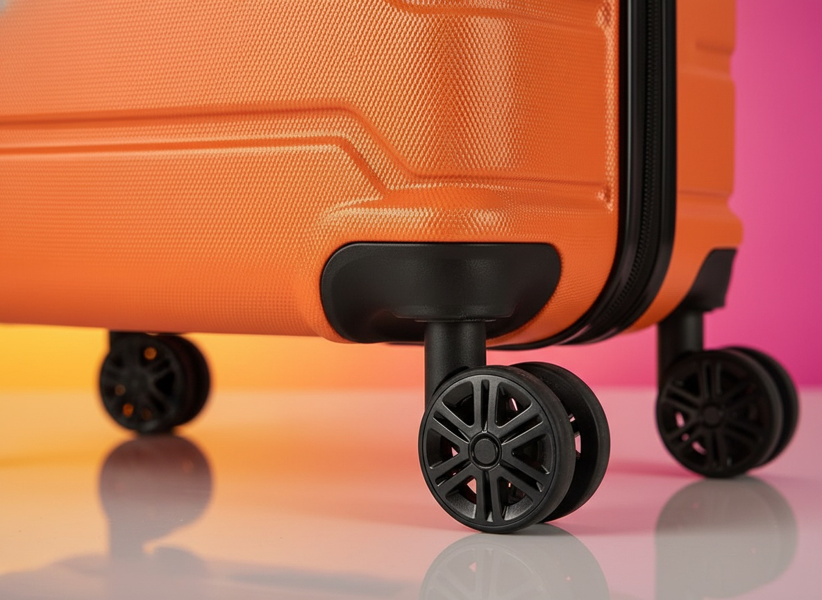 Close-up of InUSA TREND orange luggage spinner wheel and corner detail with shallow focus