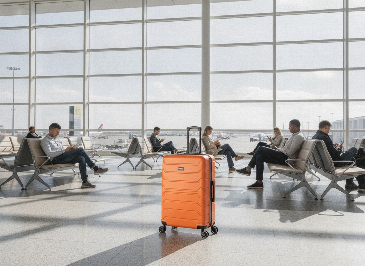 InUSA TREND orange luggage positioned in bright airport terminal waiting area with seating visible