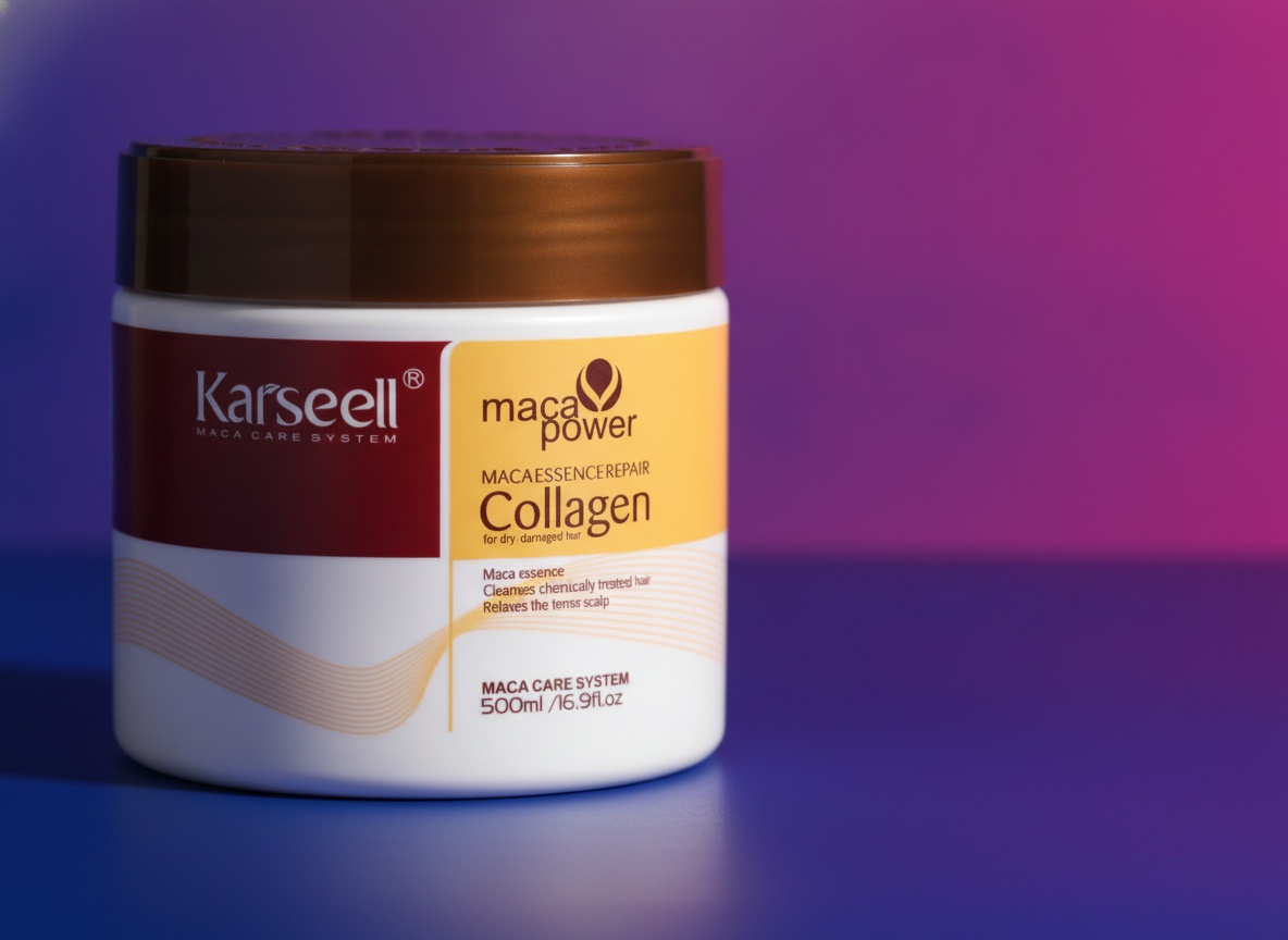 Macro close-up of Karseell Collagen Hair Treatment showing creamy golden texture in glass container