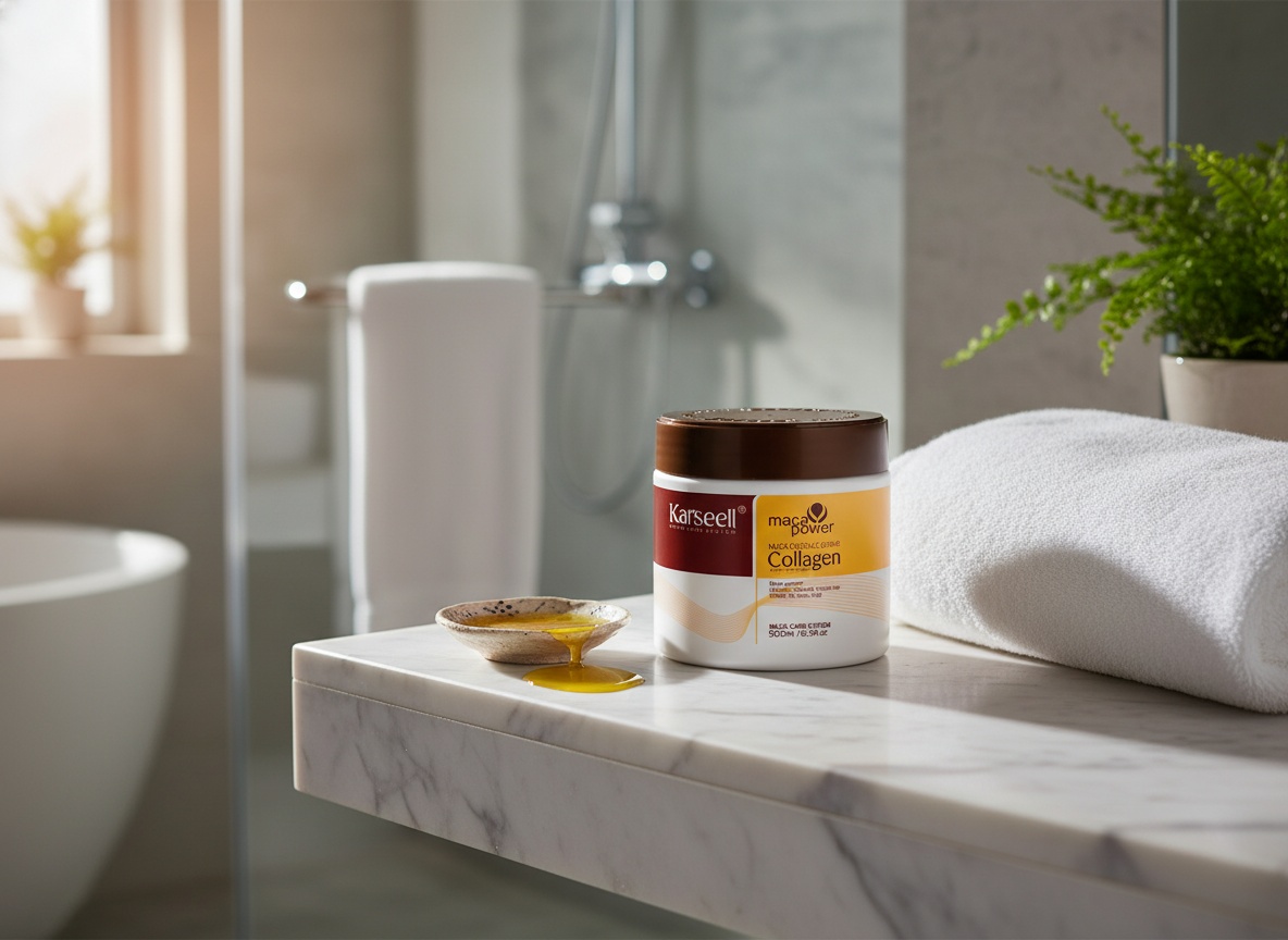Karseell hair mask jar on a marble vanity shelf with bathroom accessories and white towel nearby