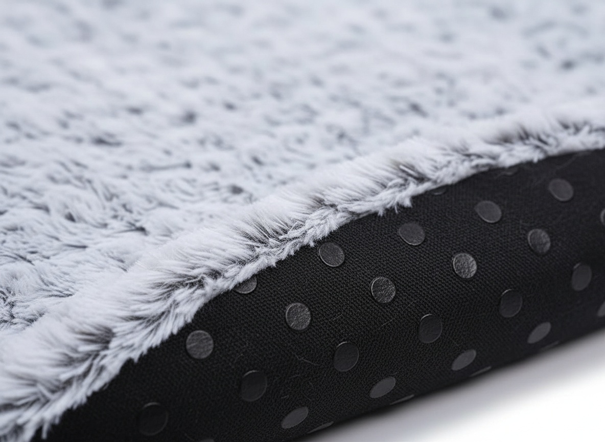 Close-up of gray plush fabric texture on KSIIA dog bed showing soft fleece weave