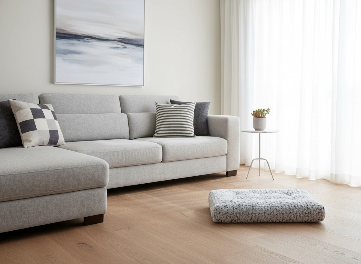 Gray KSIIA washable dog bed positioned in living room corner next to white sofa
