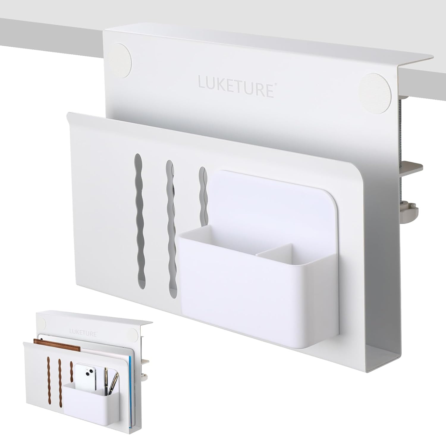Steel clamp mechanism of LUKETURE desk organizer tightened onto table edge, close-up detail view