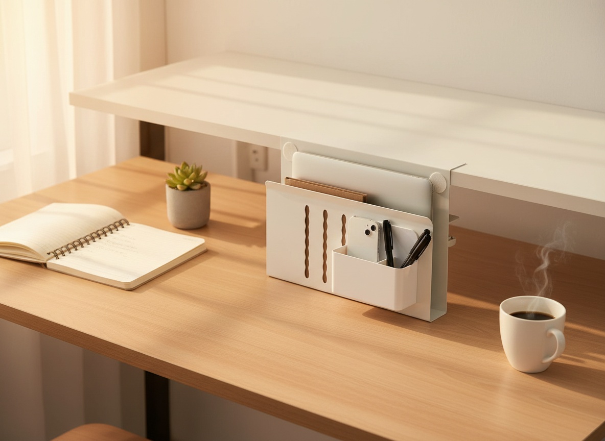 LUKETURE desk organizer mounted to table with laptop positioned sideways in holder, overhead home office scene