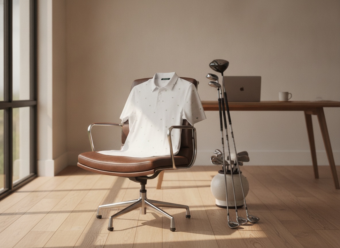 Golf polo draped on office chair with clubs visible in home office setting