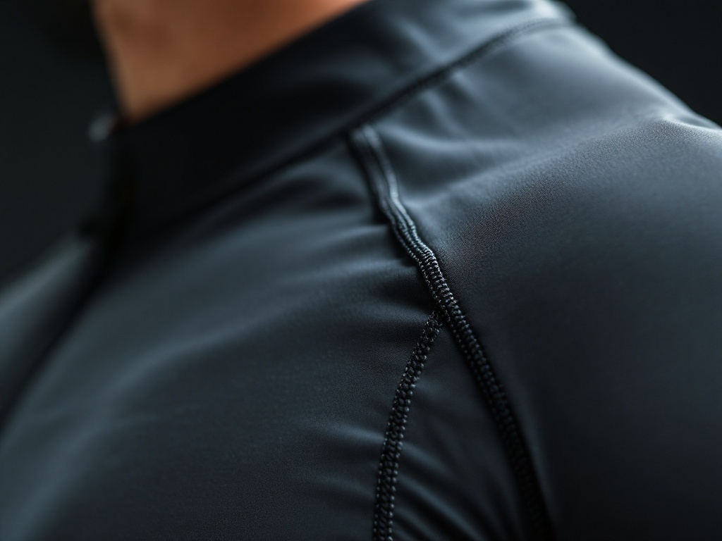 Close-up of rash guard seams and fabric texture with shallow depth of field