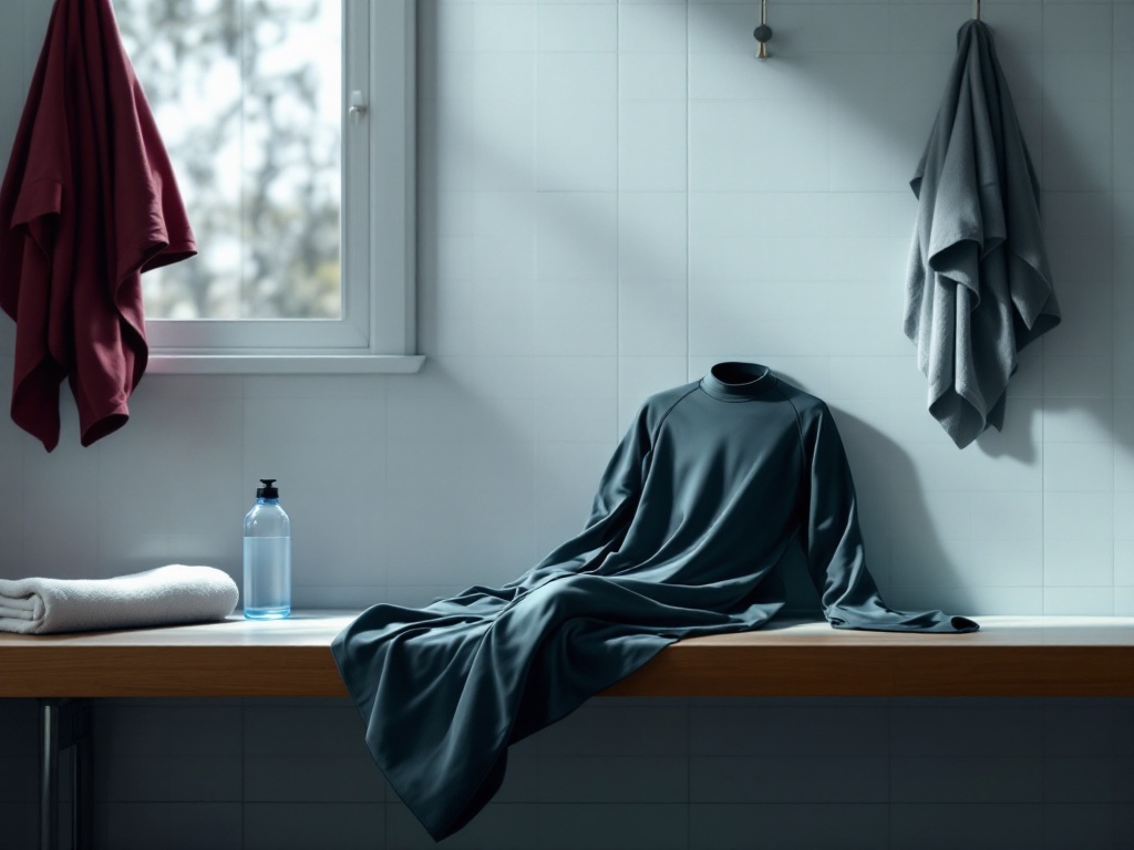 Rash guard on locker room bench with towel and water bottle in bright gym setting