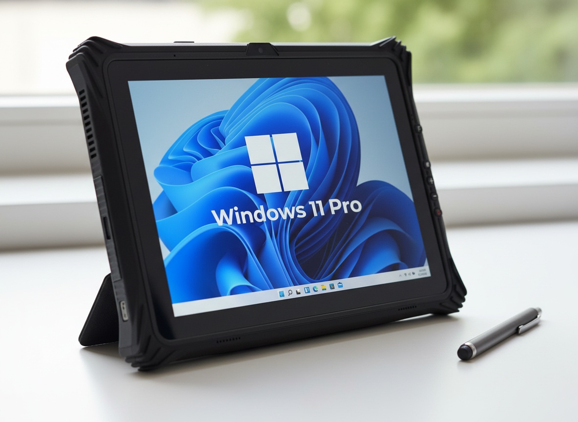 MUNBYN IRT09 tablet displaying Windows 11 Pro on screen, shot at angle on white desk in daylight