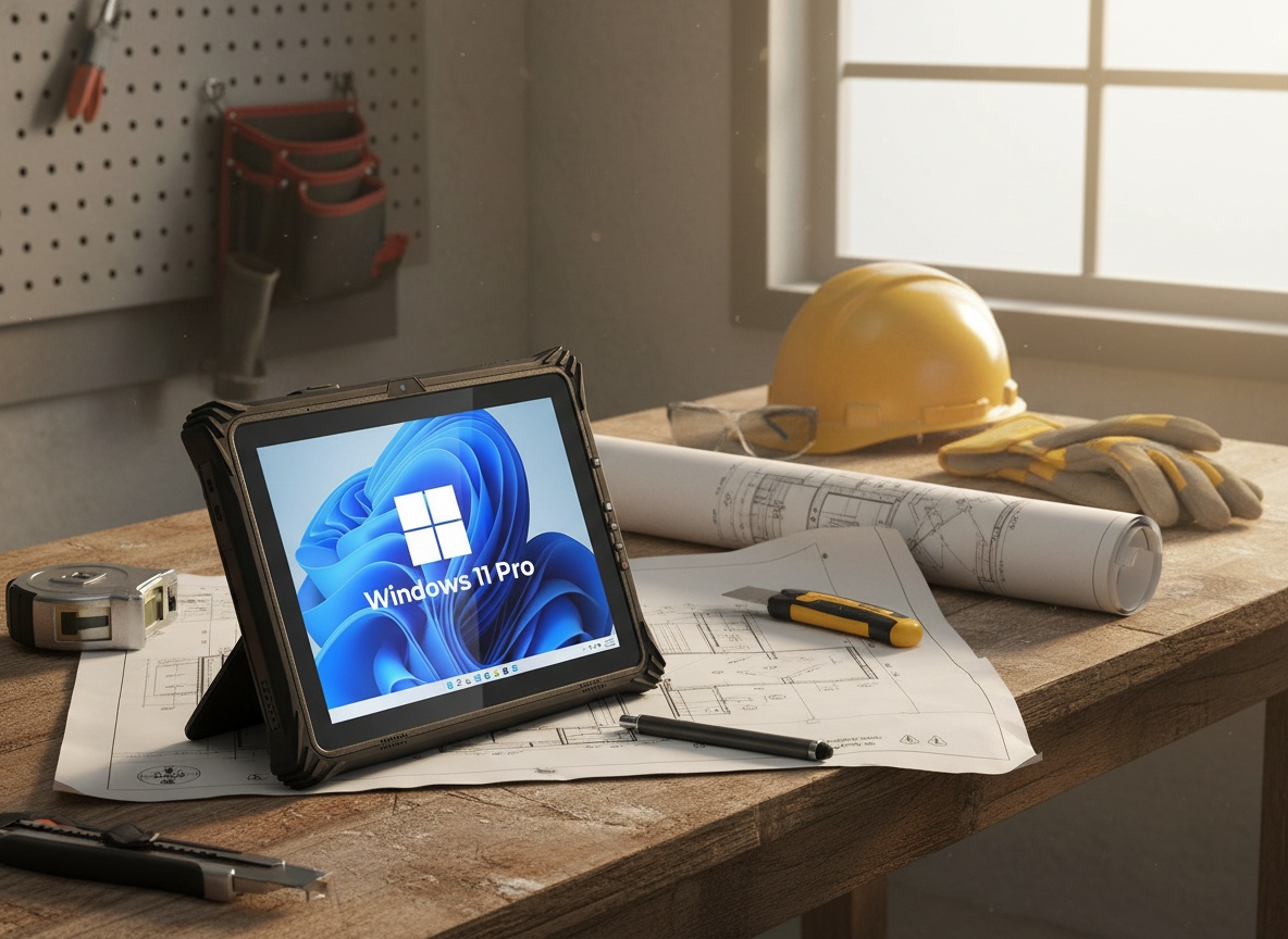 Rugged IRT09 tablet positioned on construction site workbench with tools and blueprints, overhead view