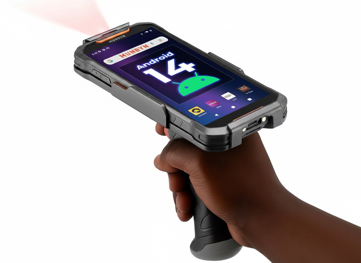 M-Scan MUNBYN AceScan AS01P barcode scanner held in palm with Android screen active, bright daylight