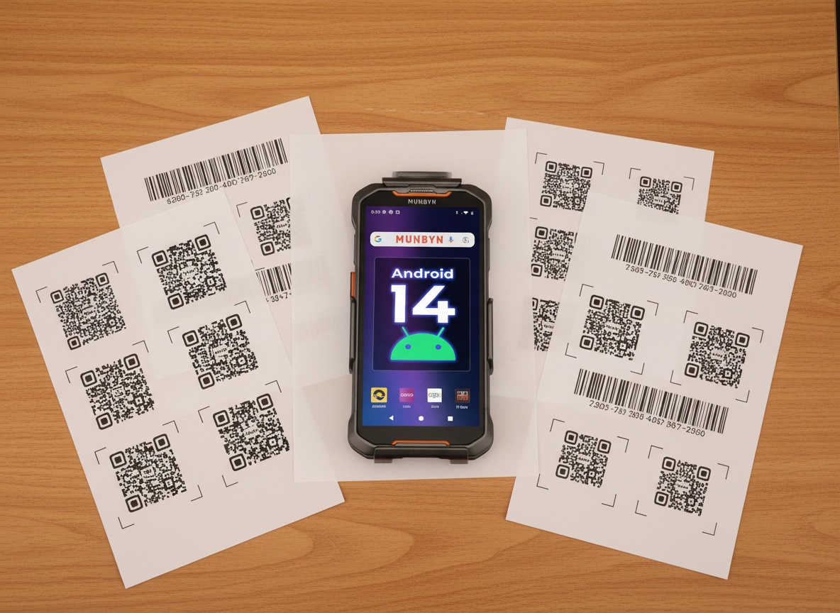 MUNBYN AceScan AS01P positioned on counter with barcodes nearby, warehouse inventory setup