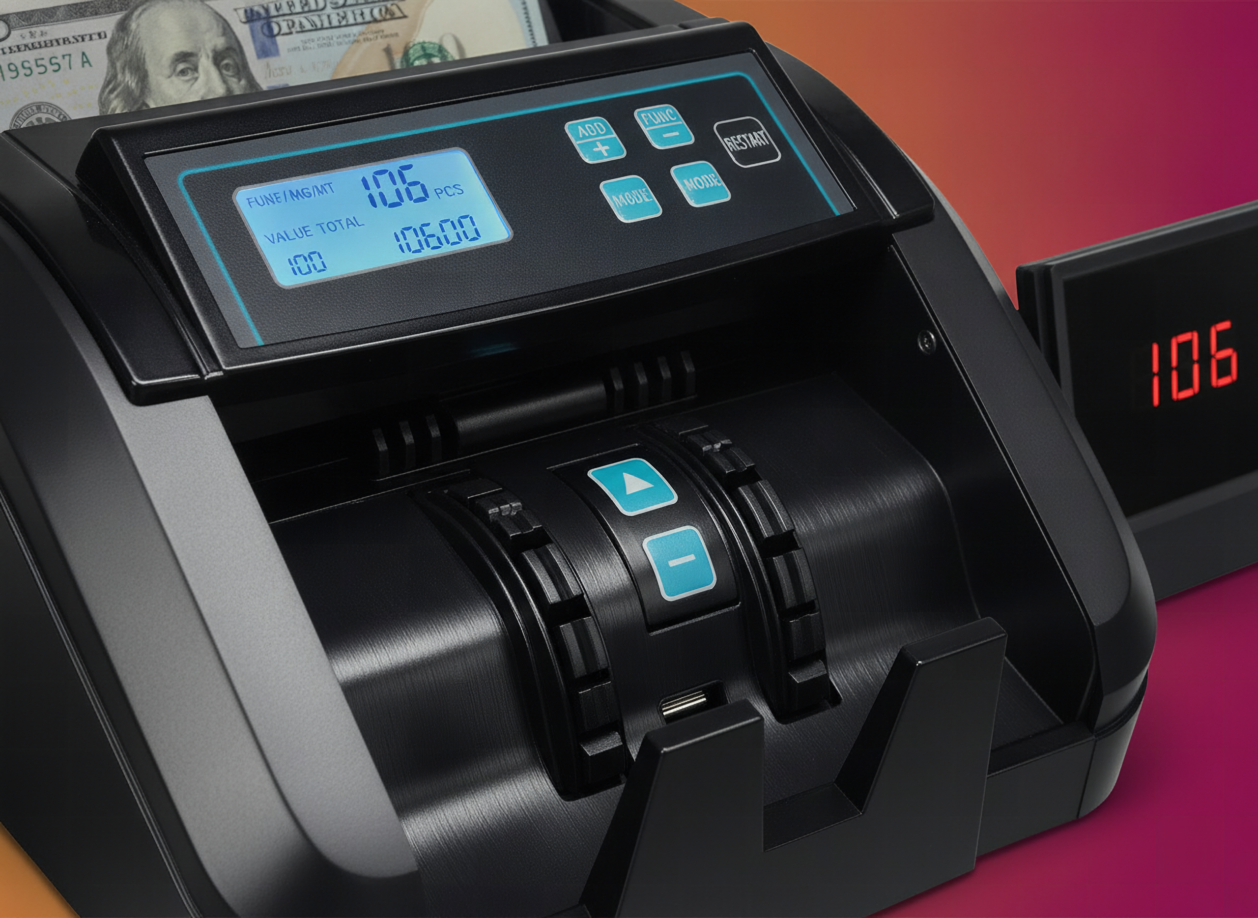 MUNBYN IMC51 counter's LCD screen and control panel in macro detail, black casing