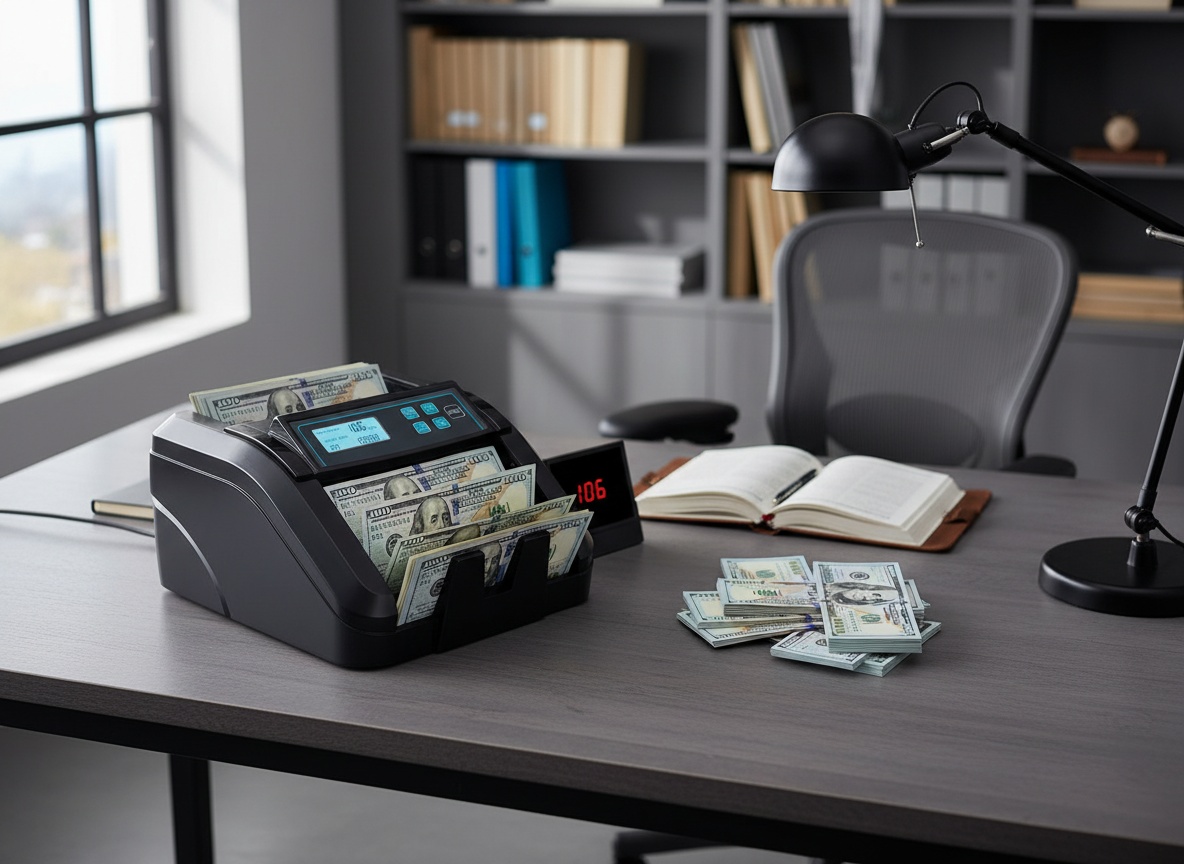 MUNBYN IMC51 counter positioned on an office desk with cash stacks and accounting materials nearby