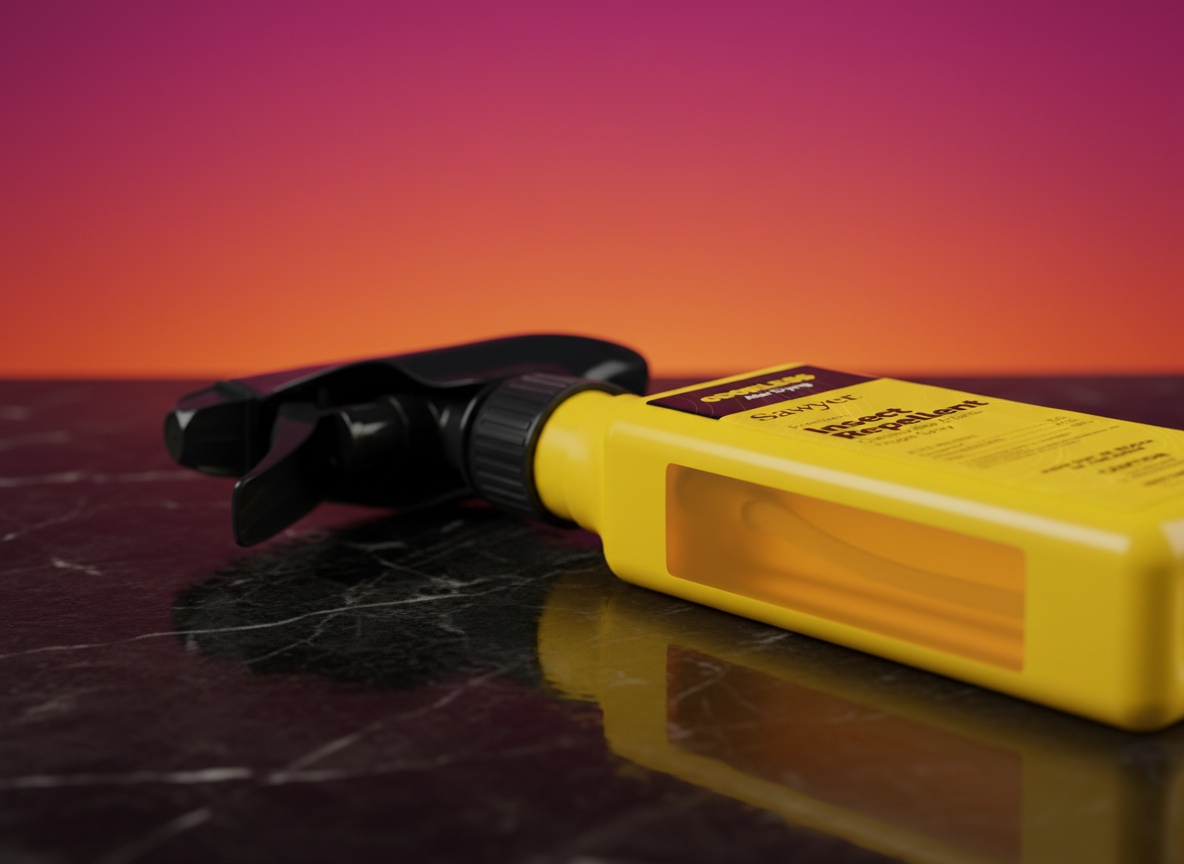 Macro close-up of Sawyer permethrin spray bottle nozzle and label with amber liquid visible