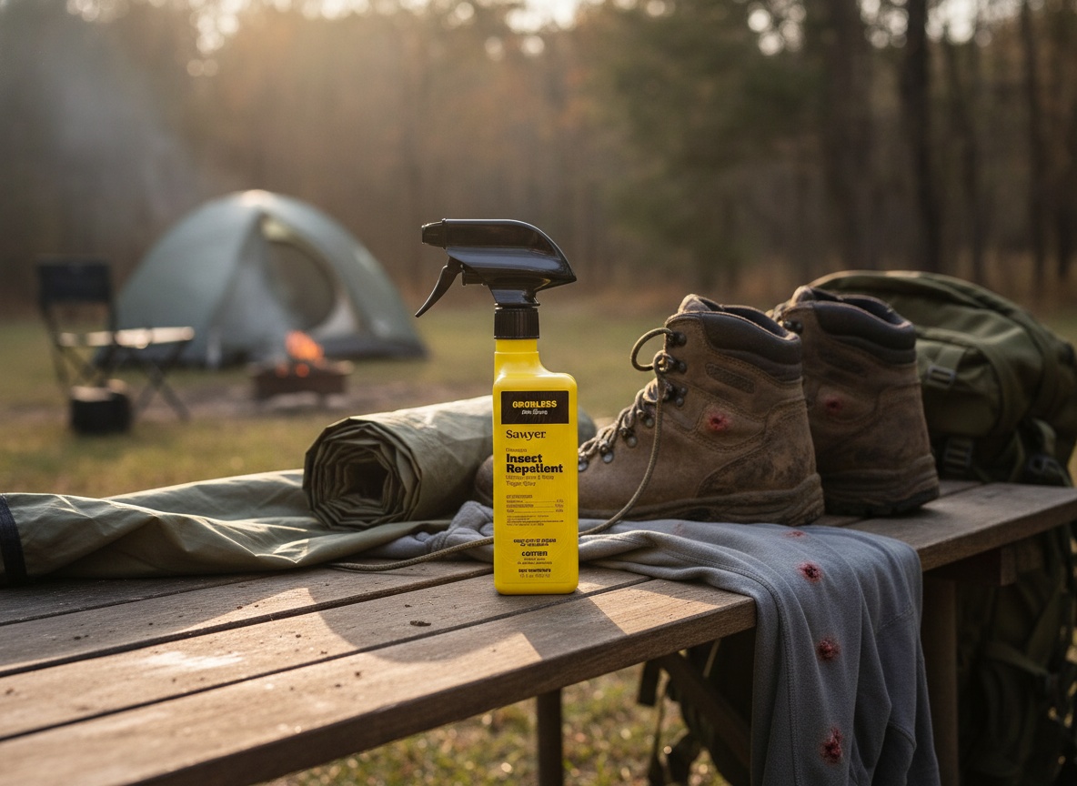 Sawyer permethrin bottle on camping gear and table with tent fabric and hiking boots outdoors