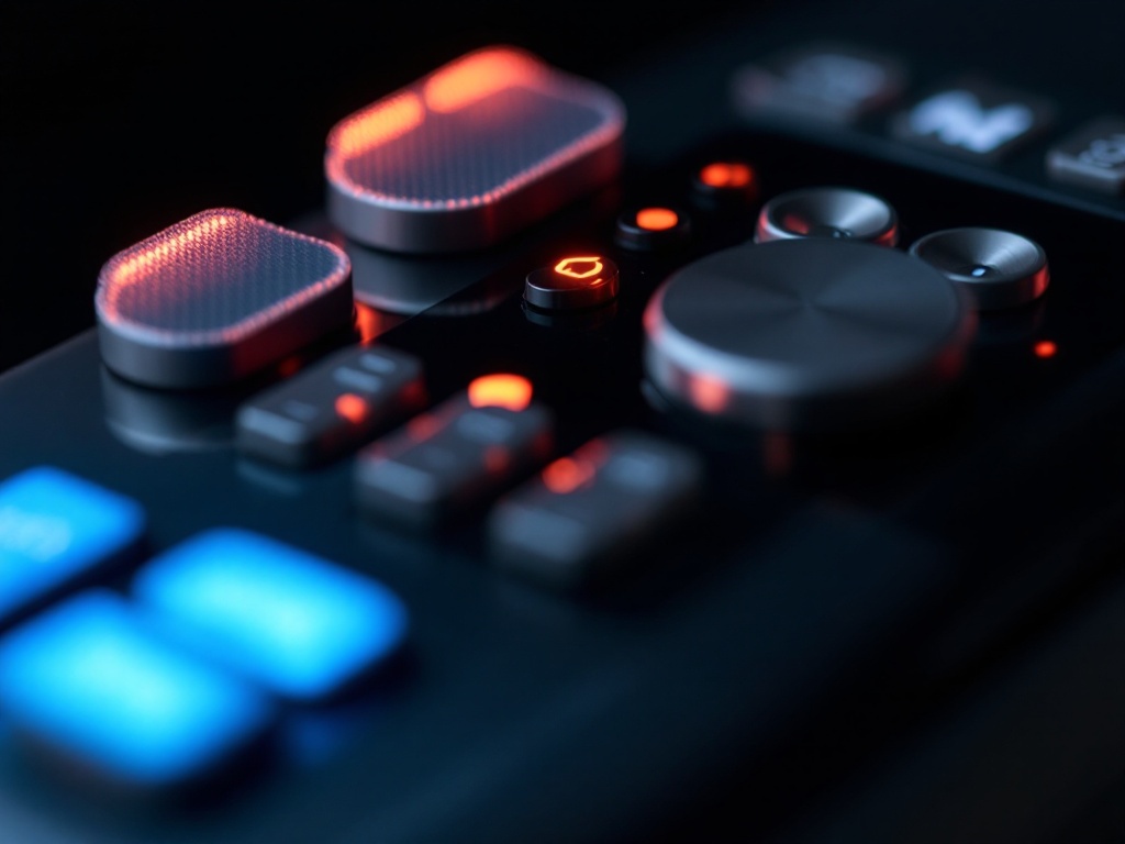 Neenca muscle stimulator control panel and gel electrode pads in macro detail, buttons and textured surface in sharp focus