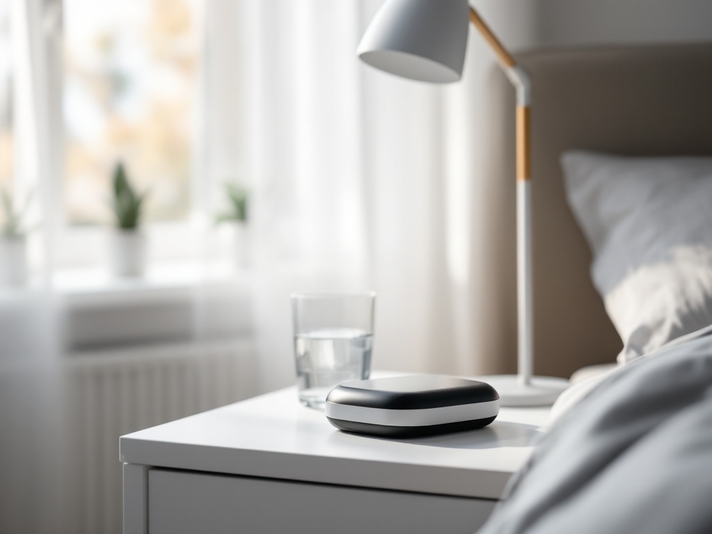 Neenca muscle stimulator on a bedroom nightstand with everyday items, natural light from window illuminating the scene