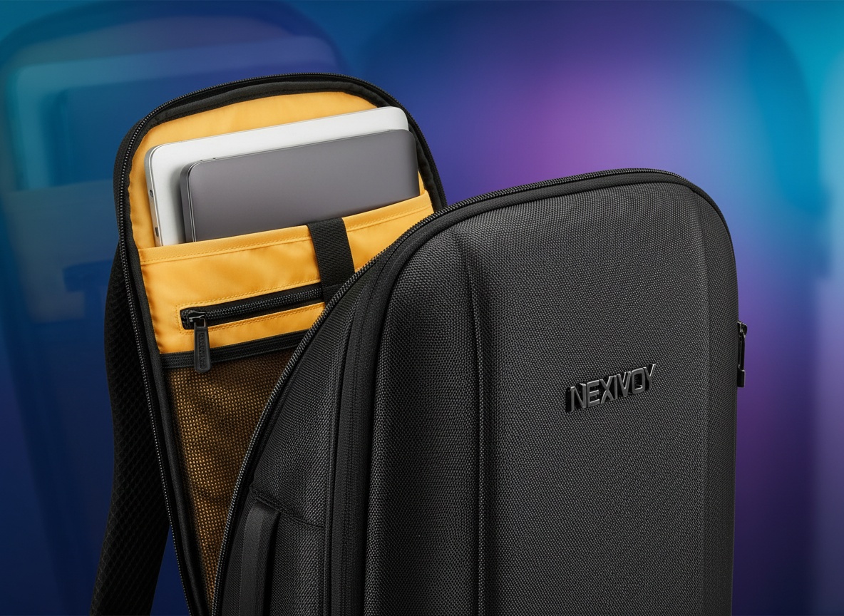 Close-up of expanded clamshell opening on black business laptop backpack, revealing padded interior compartments