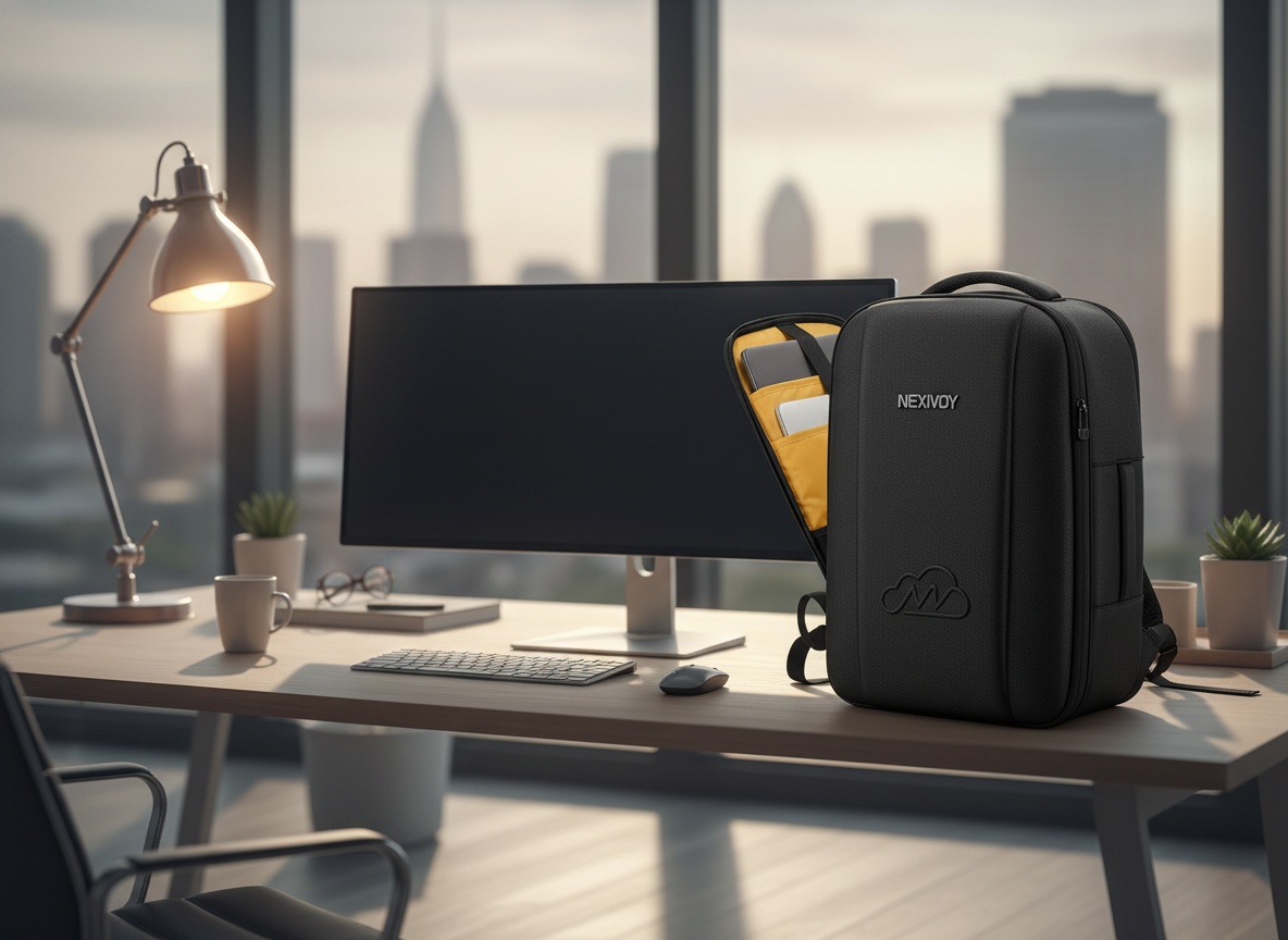Black expandable laptop backpack sitting on home office desk next to computer monitor and lamp