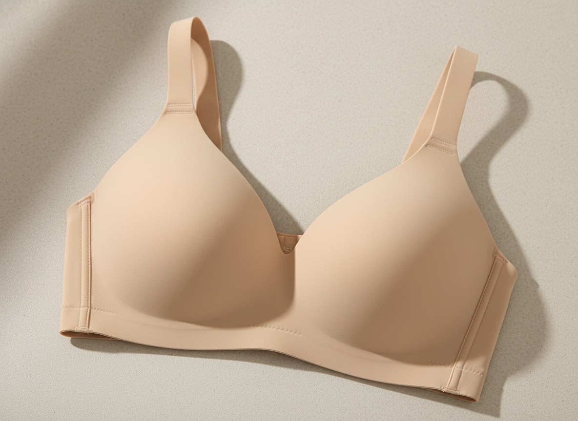 Macro close-up of NIASOUL wireless bra showing seamless deep V neckline and soft fabric texture