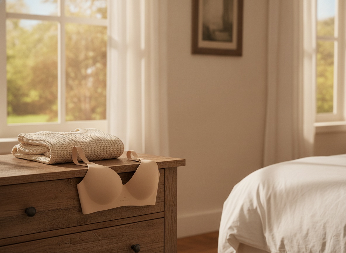 NIASOUL seamless bra displayed on a bedroom dresser with clothing and natural window light in background
