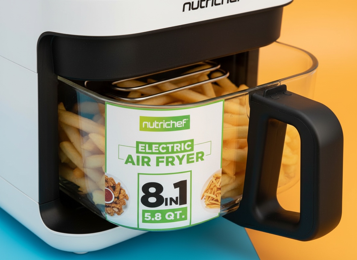 Close-up of Nutrichef air fryer's clear fry basket and heating coils with shallow focus