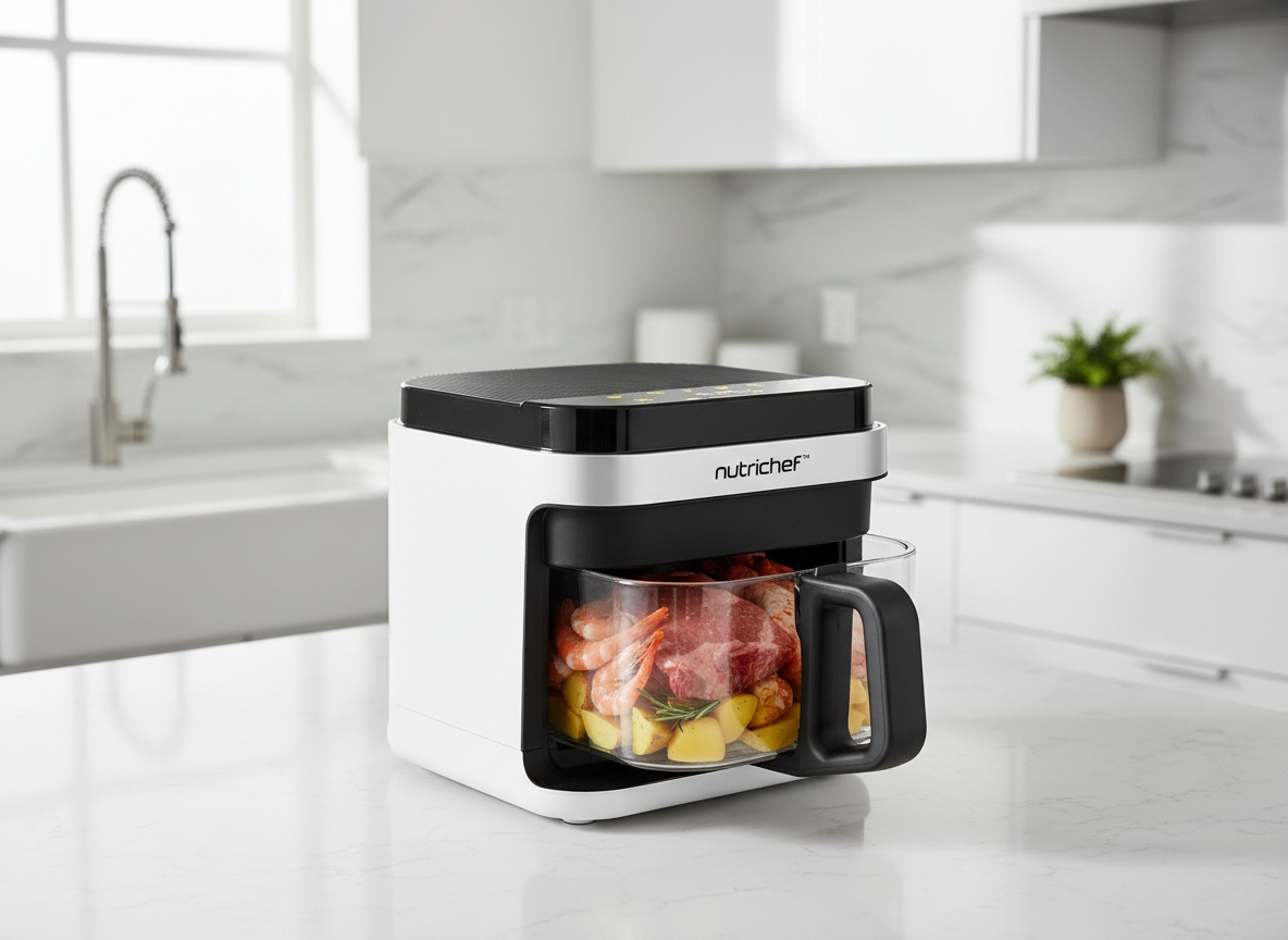 Nutrichef air fryer on kitchen counter surrounded by raw ingredients ready for cooking