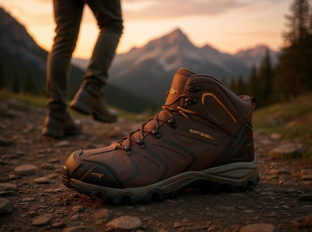Hiker wearing NORTIV 8 boots navigating rocky terrain on a forest trail at sunset