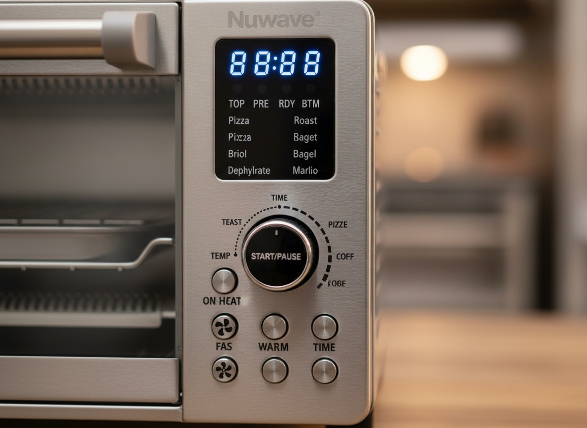 Close-up of NuWave Bravo control panel showing digital display and temperature dial on stainless steel