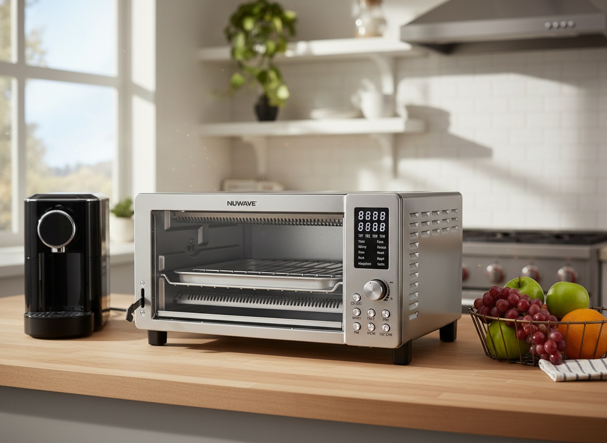 NuWave Bravo positioned on a sunlit kitchen counter among everyday appliances and fresh food