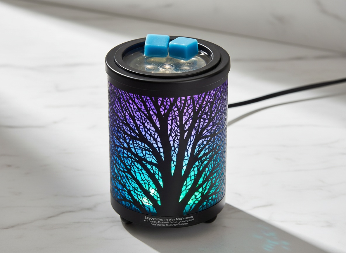 Black wax warmer with colorful LED lights glowing inside melted wax, overhead view on marble surface