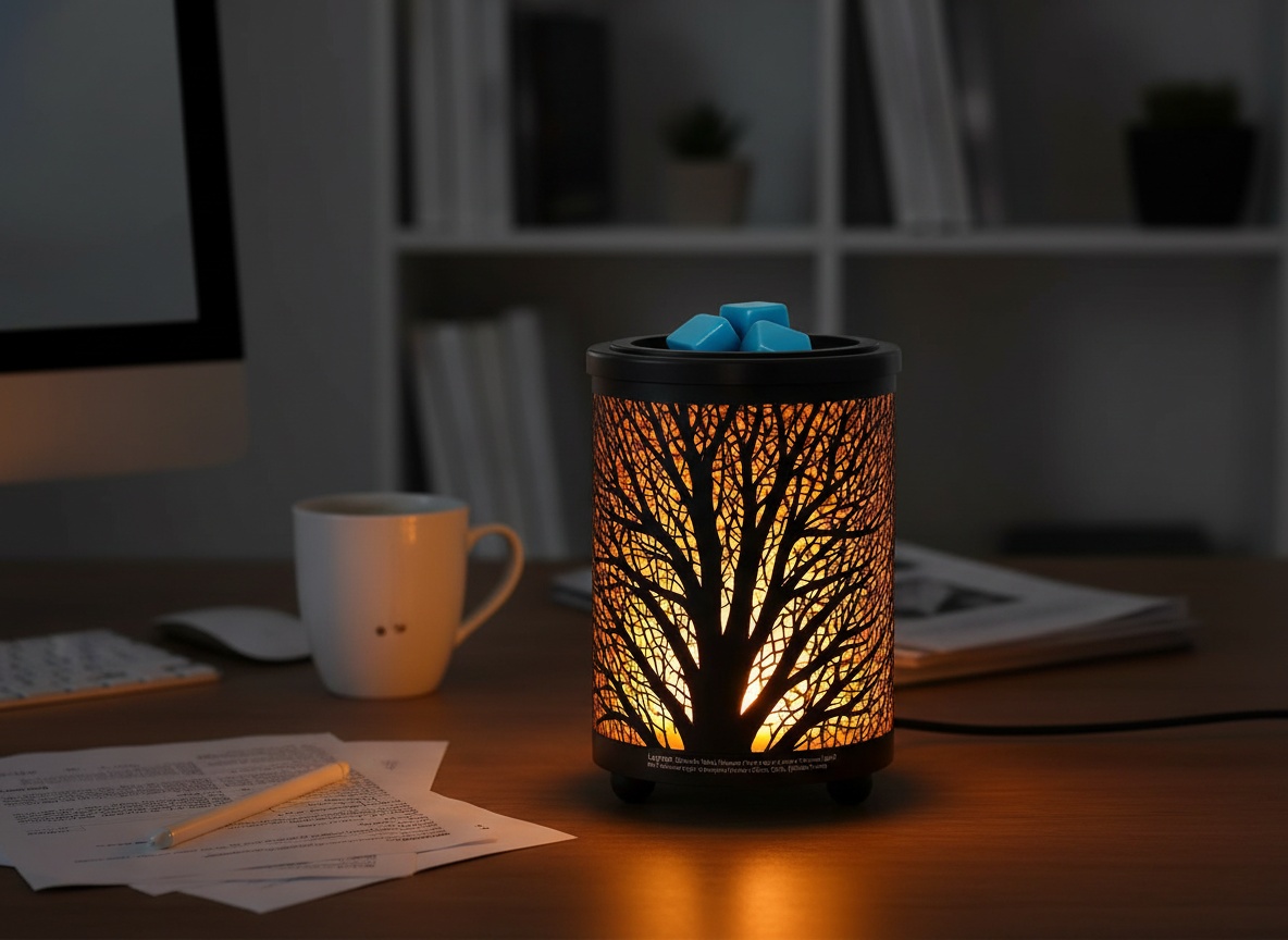 Electric wax melt warmer with warm LED glow on a desk in home office setting with coffee mug nearby