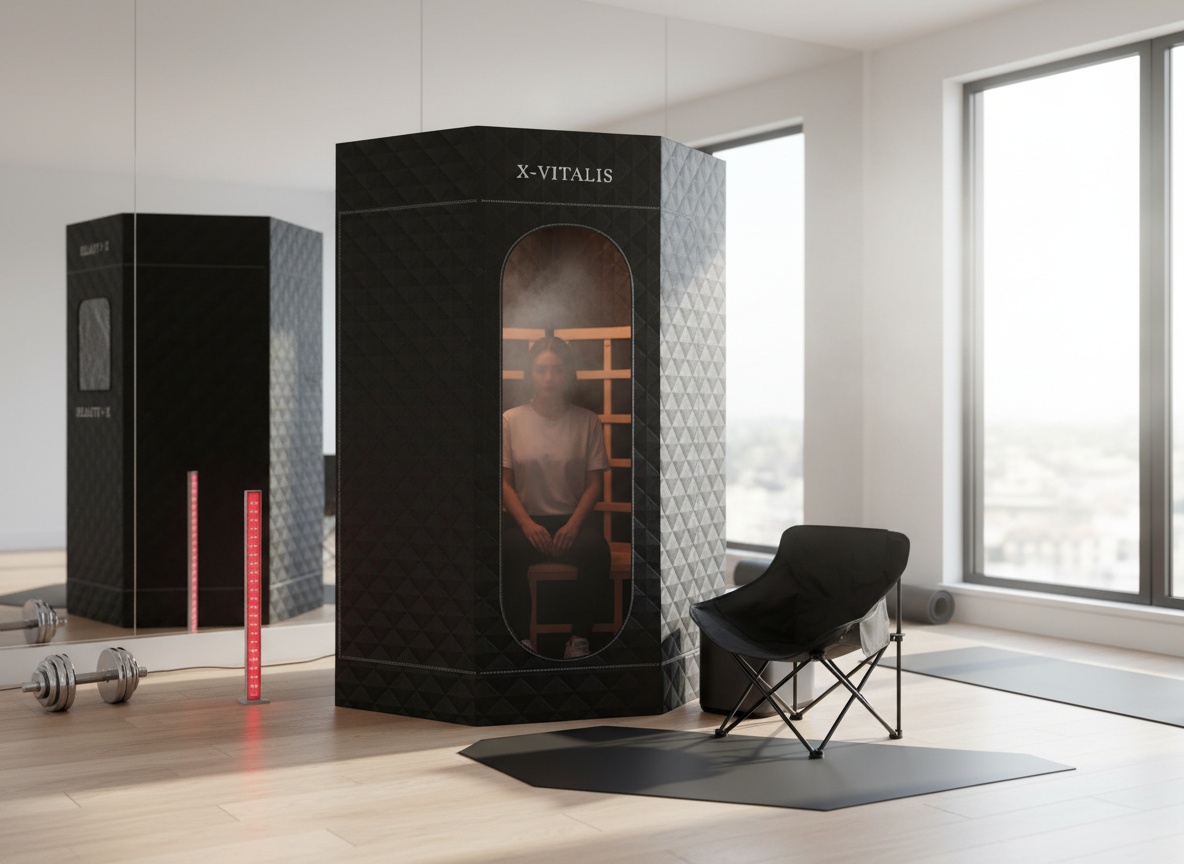 Portable infrared sauna tent deployed in a home gym with person inside, surrounded by fitness equipment and natural light