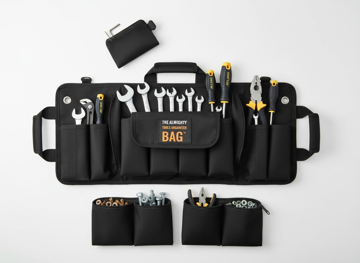 Heavy duty roll-up tool organizer bag laid flat and open with detachable pouches and tools organized inside on white surface