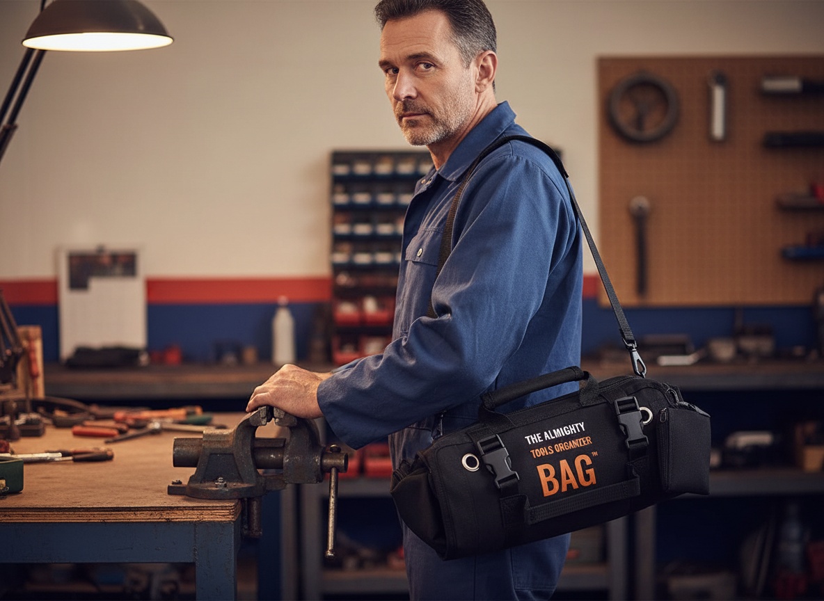 Worker carrying rolled heavy duty tool organizer bag over shoulder in garage workshop environment
