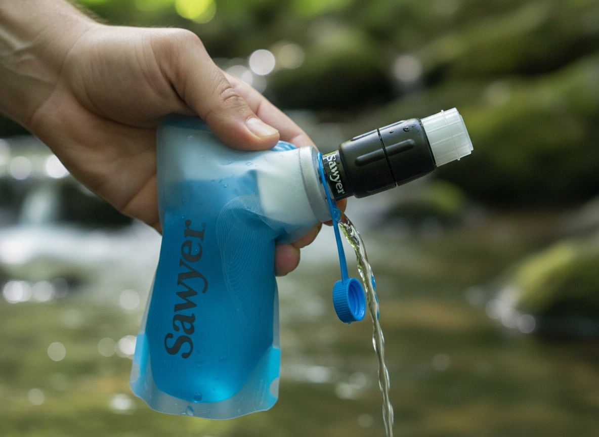 Sawyer Products SP301 Micro Squeeze Water Filtration System, Cnoc Premium 750ml Liter Pouch: A person squeezing a blue C