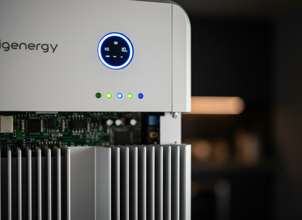 Sigenergy inverter's illuminated display and metallic heat sink fins in extreme close-up detail