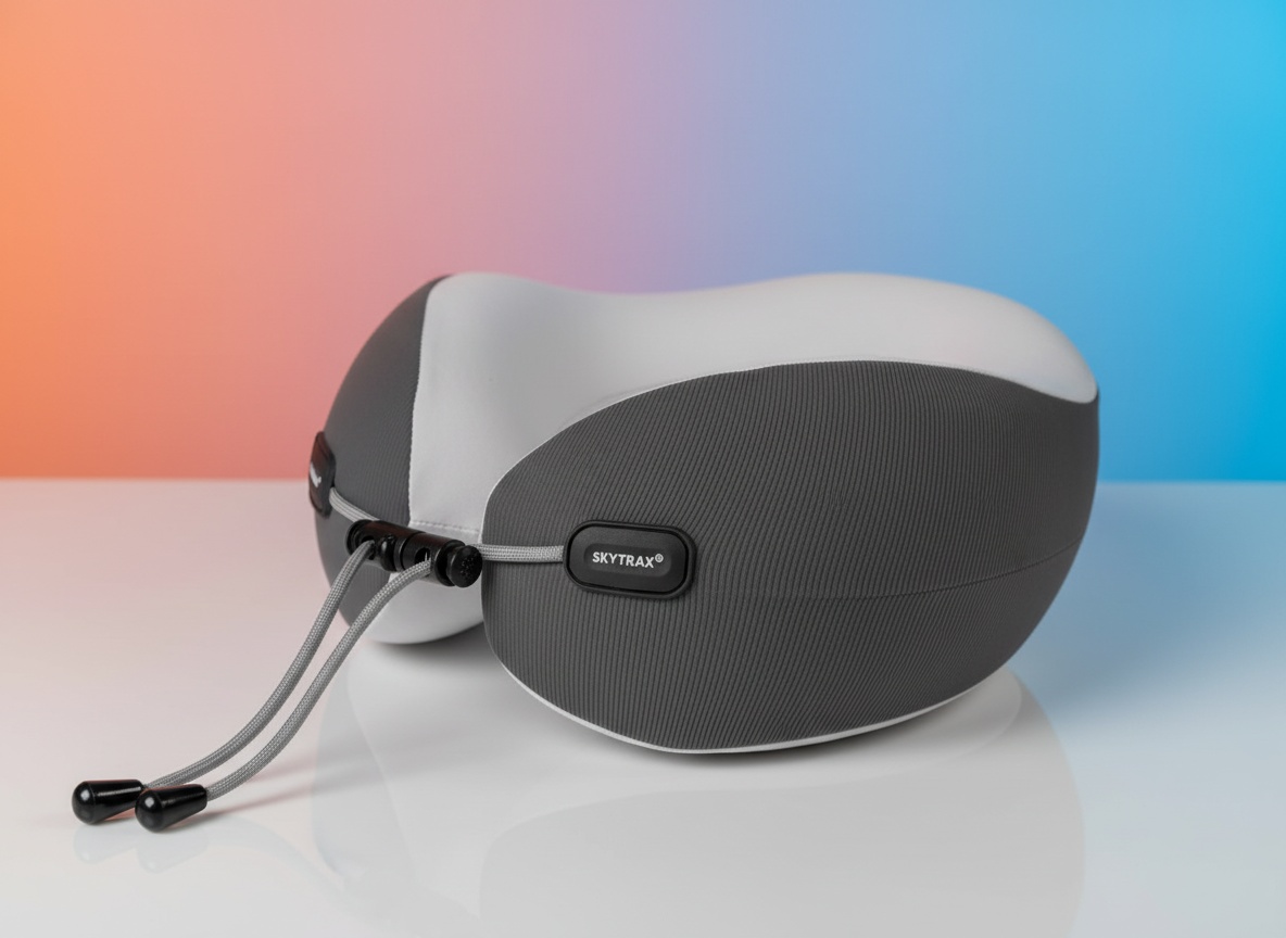 Grey SKYTRAX COMF memory foam neck pillow photographed from above in studio lighting, showing contoured ergonomic shape and coolin