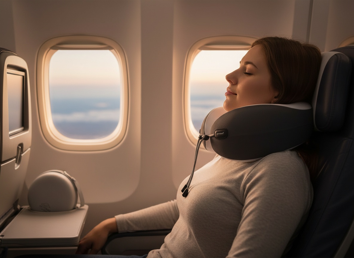 Memory foam neck pillow in use on airplane passenger reclining in seat during flight with window view