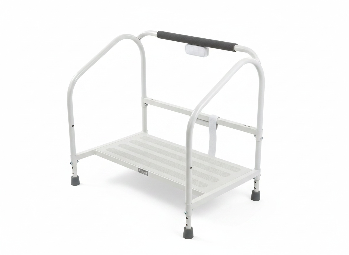 Step2bed bed step stool viewed from above, showing wide base and safety handle against white background