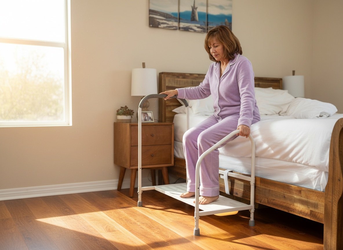 Senior woman using step stool to exit bed with motion sensor light glowing, warm morning bedroom setting