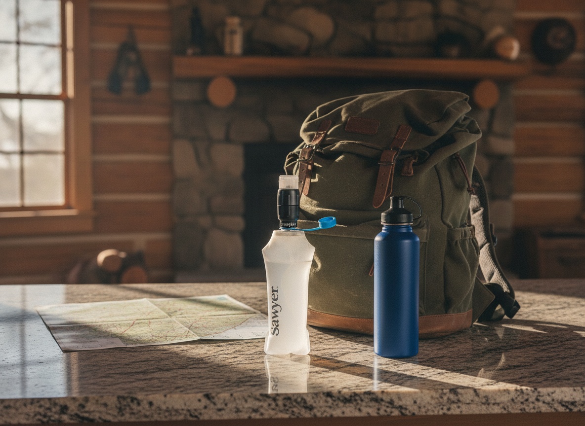 Cnoc 750ml water pouch on kitchen counter next to camping gear and backpack in cabin setting