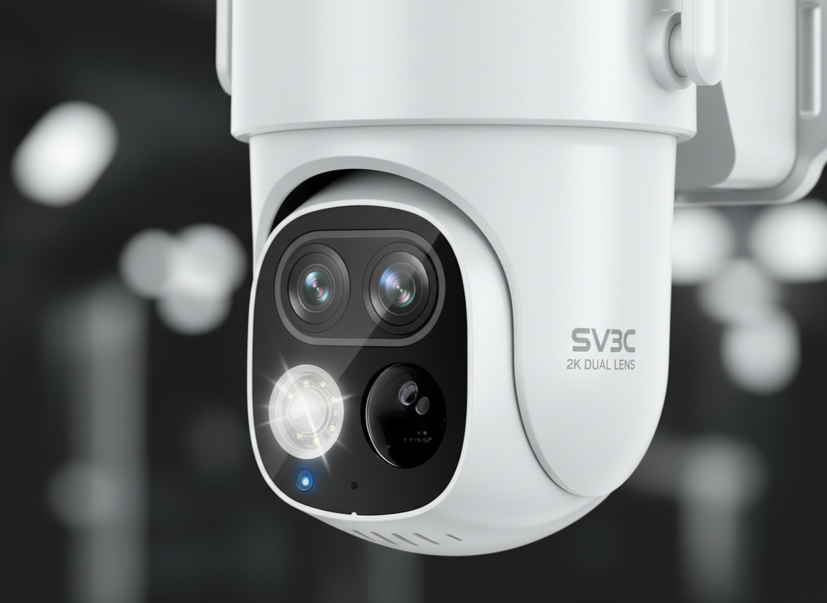 Close-up of SV3C dual lens camera showing metallic finish and glass optics with shallow depth of field