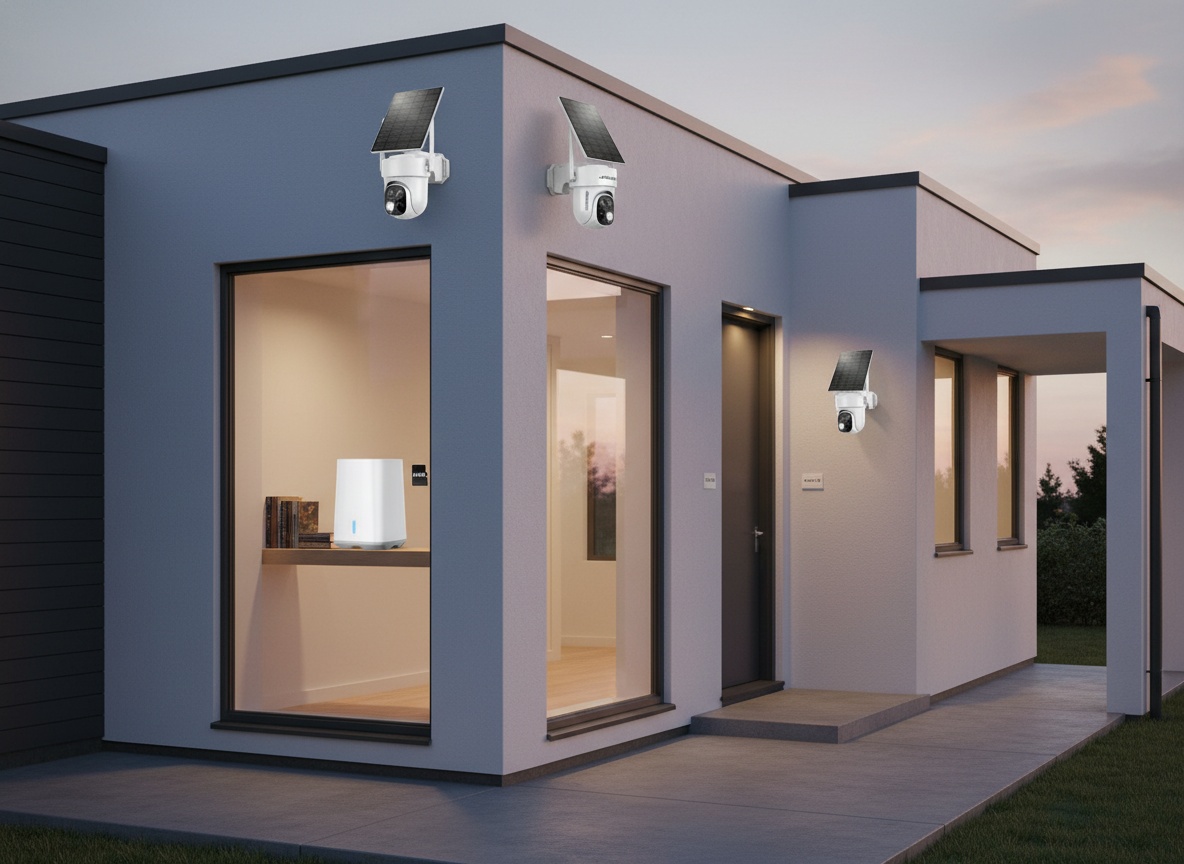 Solar security camera system installed on home entrance with hub and multiple units visible in full room setting