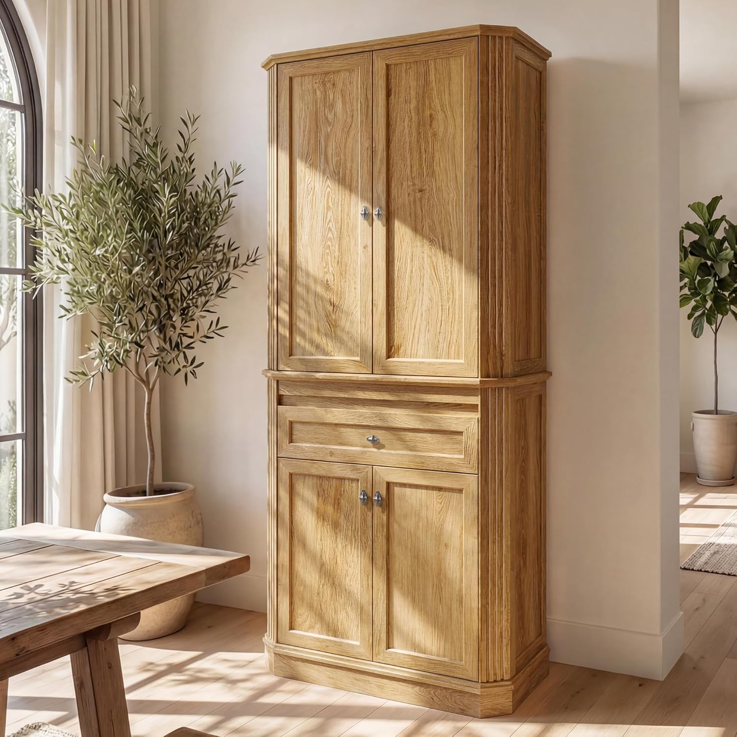 Tall farmhouse pantry cabinet with open doors and lit interior placed in a dining room setting beside a table