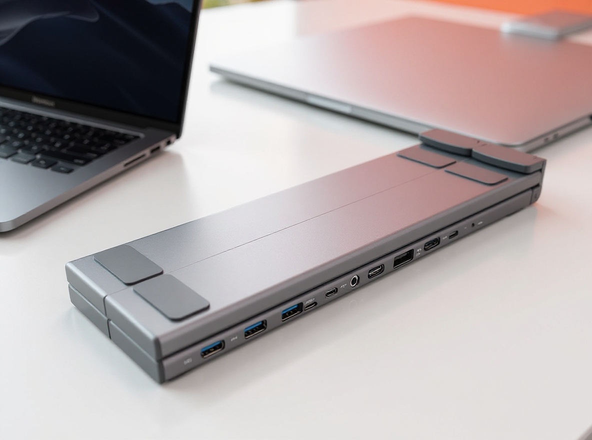 11-in-1 USB-C docking station connected to MacBook Pro on white desk, overhead view showing multiple ports