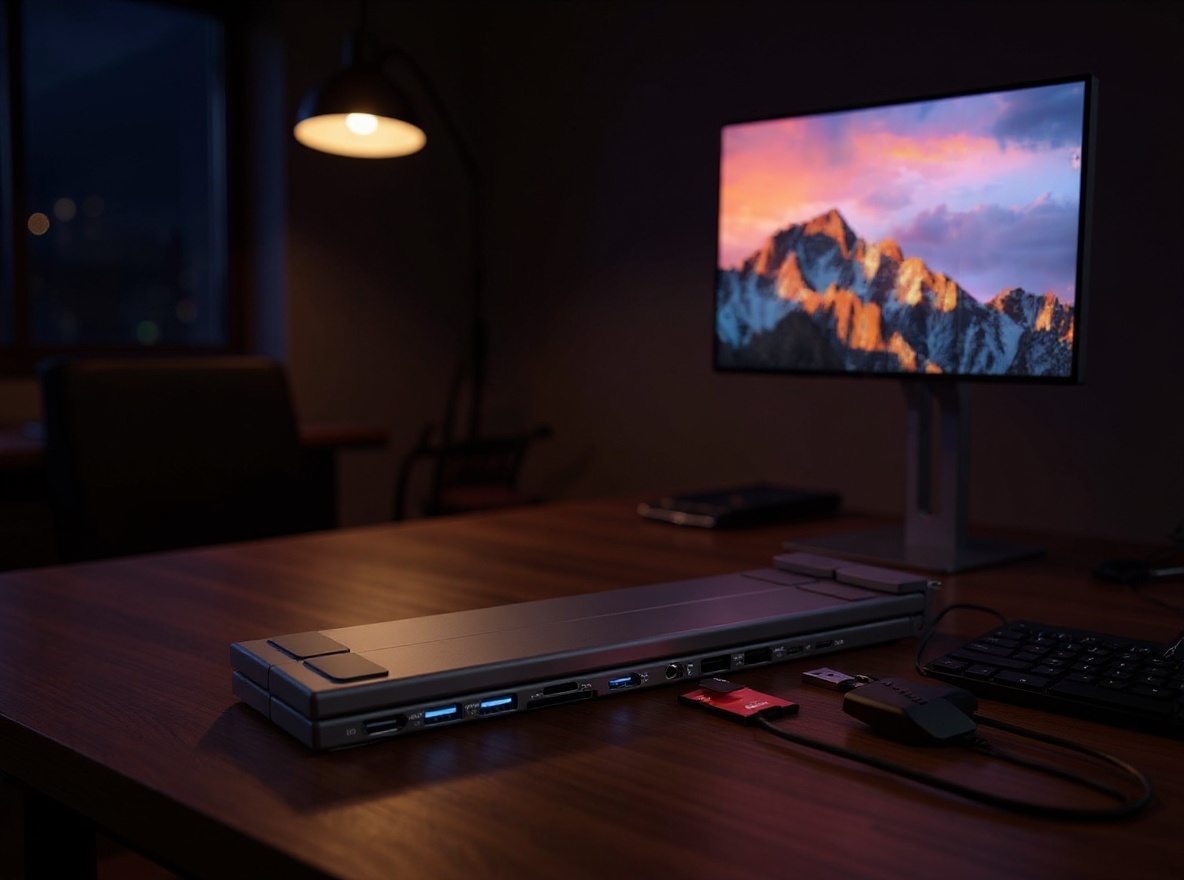 Docking station stand holding laptop in home office with connected peripherals and monitor, evening lighting