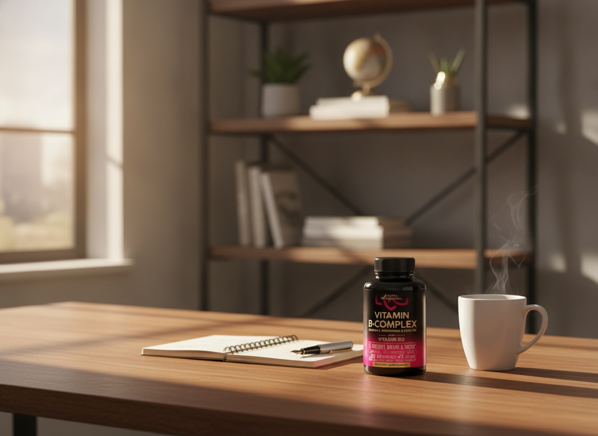 B-complex vitamin bottle on a home office desk with coffee and notebook in morning light