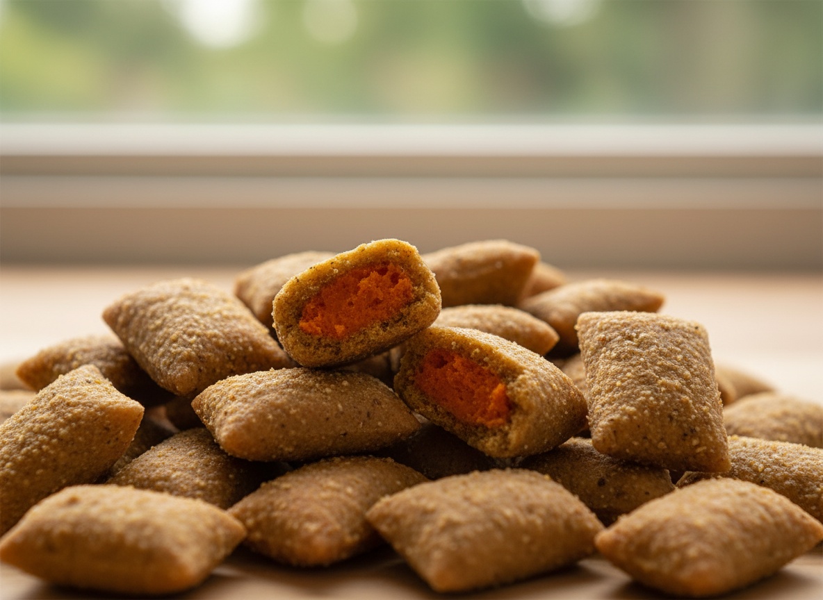 Close-up of golden-brown Woyamay flea chew treats showing crunchy texture detail