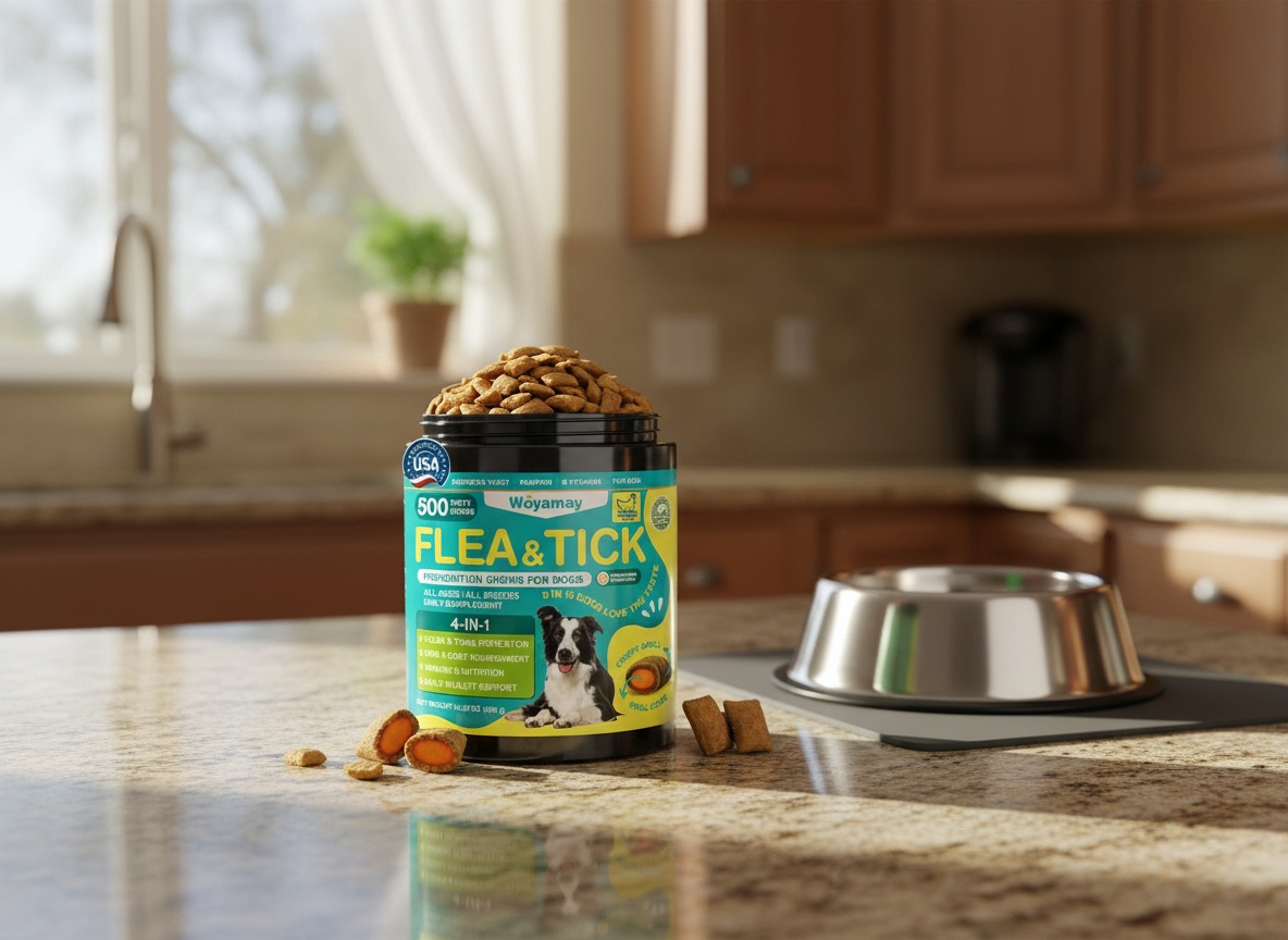 Woyamay flea chews positioned on a kitchen counter next to a dog bowl in a home setting